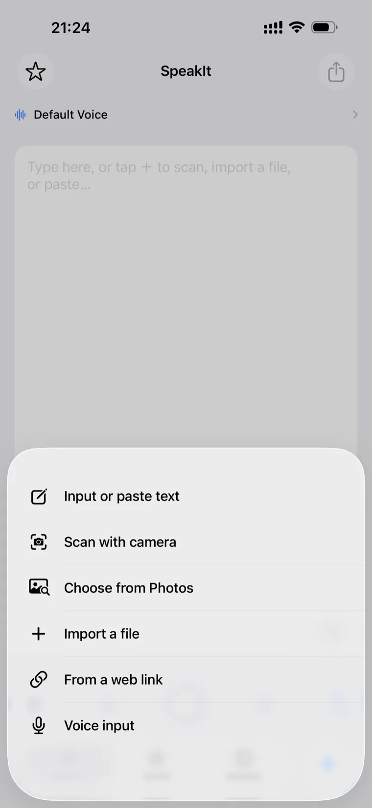 Add text menu offering input or paste, scan with camera, choose from Photos, import a file, web link, and voice input