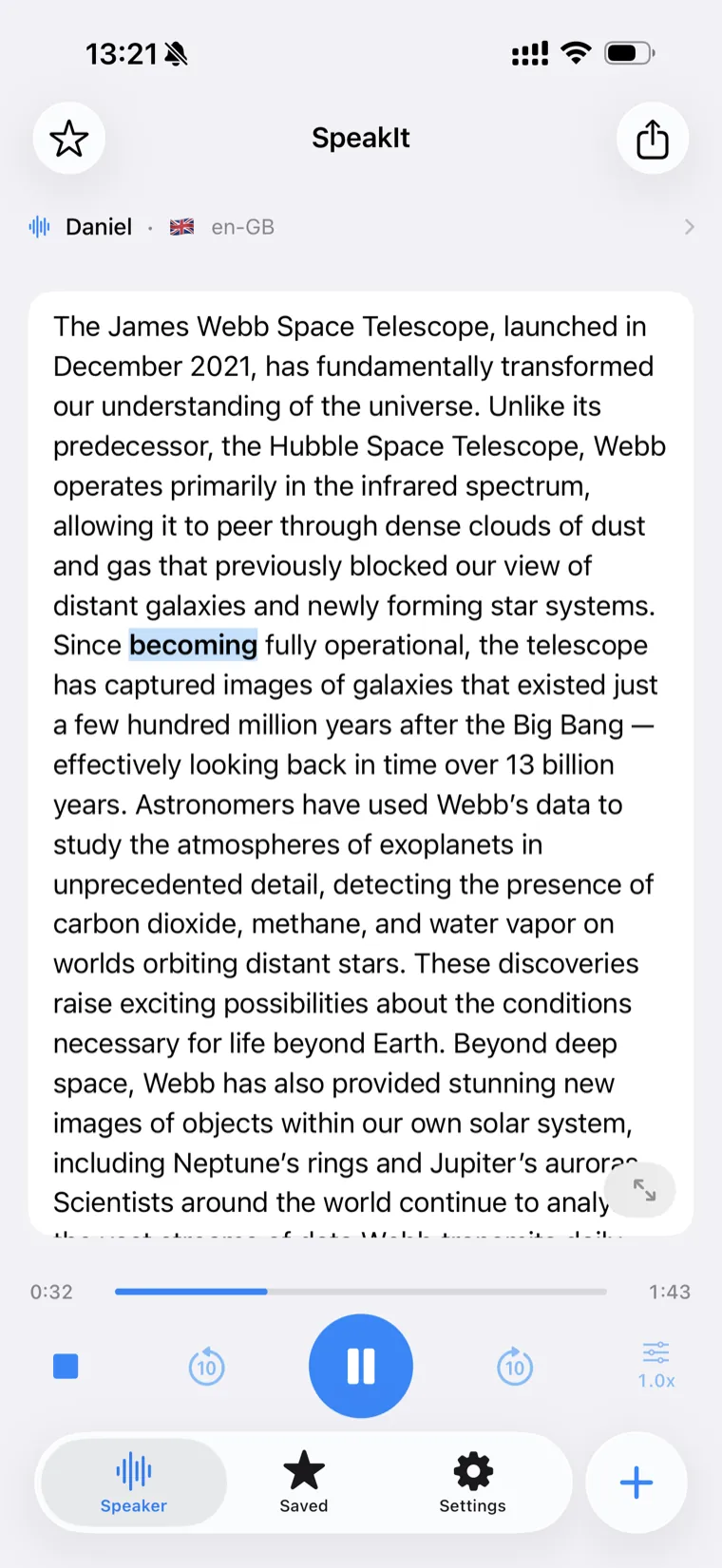SpeakIt reading an article aloud with each word highlighted and a playback bar with skip controls