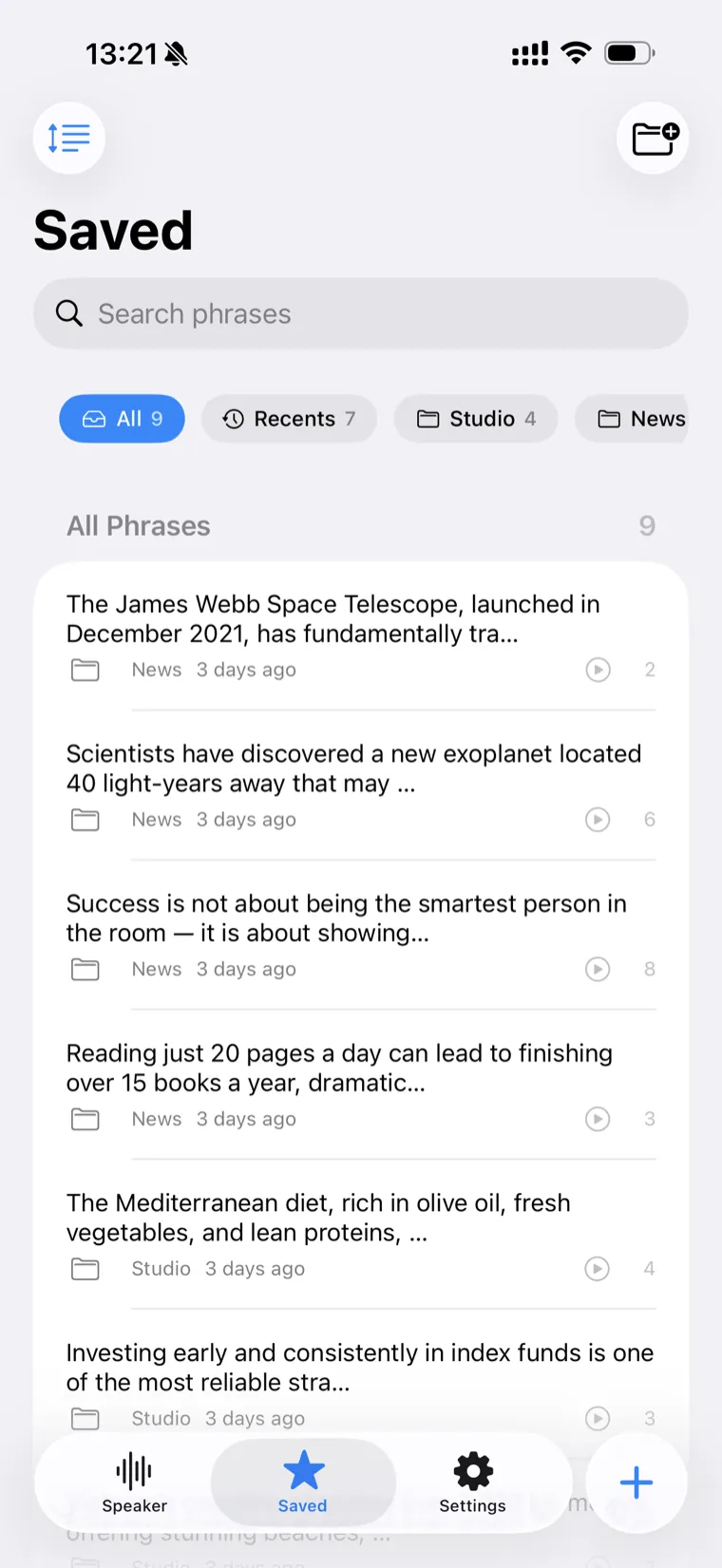 Saved tab with search, Recents, and folders organizing saved phrases
