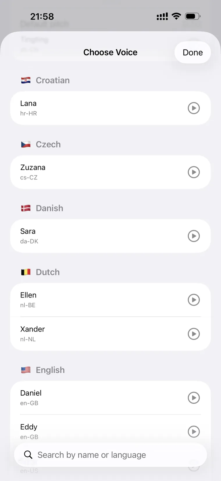 Choose Voice screen grouped by language with country flags and quality badges